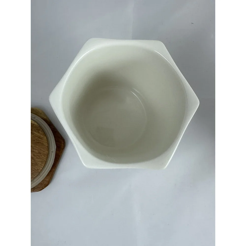 TEAVANA White Hexagon Porcelain Tea Kitchen Storage Canister 4 oz Wooden Lid